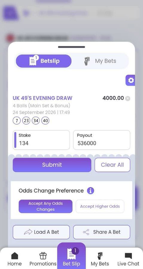 Mobile betting app bet slip for UK 49's Evening Draw on 24 September 2026 at 17:49, showing numbers 7, 23, 34, 40, stake 134, payout 536000, and 'Accept Any Odds Changes' selected.