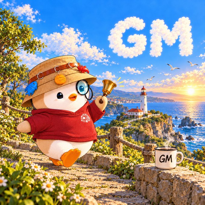 A cute cartoon penguin mascot wearing a tan bucket hat, red hoodie, and holding a megaphone, with clouds spelling 'GM' in the sky above a coastal scene with a lighthouse and a 'GM' coffee mug on a stone wall.