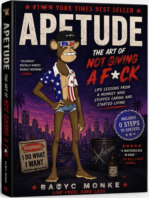 A book cover titled 'APETUDE: THE ART OF NOT GIVING A F*CK' by 'BAYC MONKE,' described as '#1 NEW YORK TIMES BEST SELLER' featuring a cartoon monkey wearing an American flag shirt and 3D glasses, with endorsements from Forbes and The Wall Street Journal.