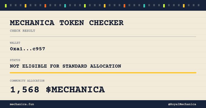 A 'MECHANICA TOKEN CHECKER' screen shows wallet '0xa1...c957' with a status of 'NOT ELIGIBLE FOR STANDARD ALLOCATION' and a community allocation of '1,568 $MECHANICA'.