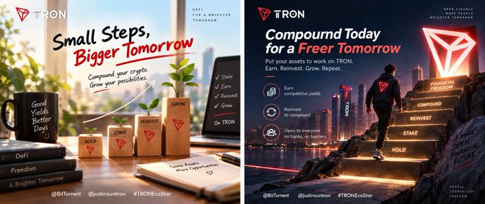 Two side-by-side promotional graphics for TRON with the slogans 'Small Steps, Bigger Tomorrow' and 'Compound Today for a Free Tomorrow', featuring hashtags like '@BitTorrent', '@justinsuntron', and '#TRONEcoStar'.