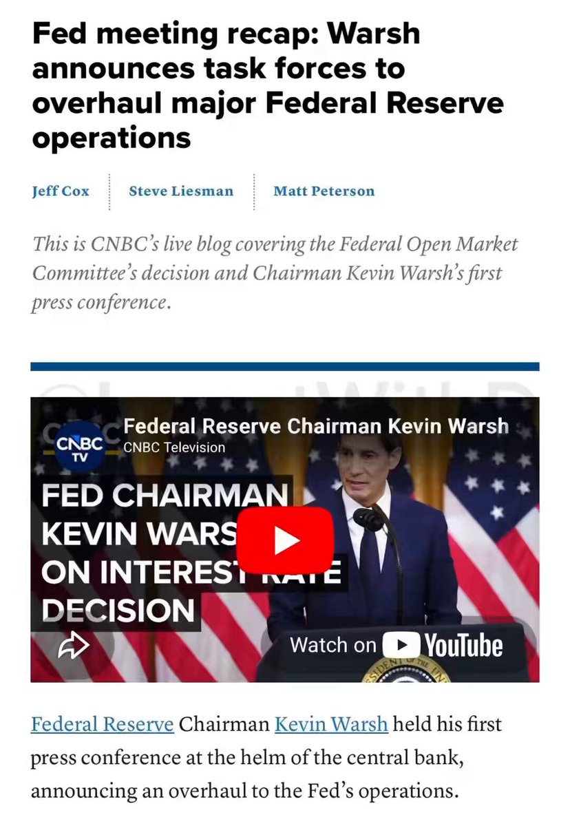 The image features an email or webpage that has been posted with a video link at the bottom, which shows a man giving a speech while standing behind a podium. The text of the email or webpage discusses the Federal Reserve Chair Kevin Warsh announcing a new task force focused on AI and productivity jobs data. This suggests that the post is related to the topic of AI and its potential impact on the economy and job market.