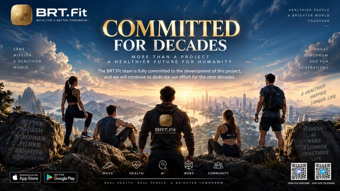 A promotional banner for BRT.Fit displays the headline 'COMMITTED FOR DECADES' and 'A HEALTHIER FUTURE FOR HUMANITY', showing a group of people looking out over a city from a mountain, with logos for App Store and Google Play.