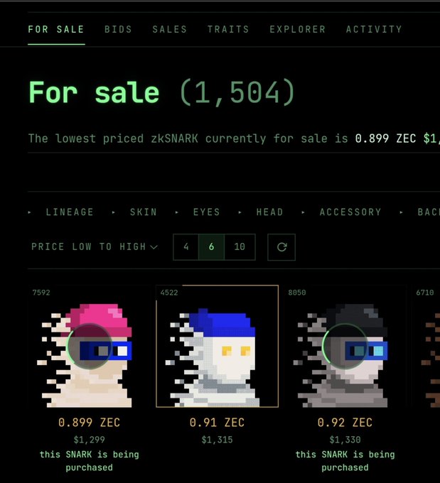 A zkSNARK marketplace on Zcash shows 1,504 items for sale starting at 0.899 ZEC, with three NFTs displaying "this SNARK is being purchased" status under their listing prices, illustrating the slow transaction processing time the post references.