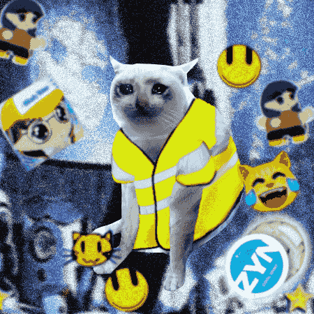 A photo of a white cat edited to wear a yellow safety vest, surrounded by various cartoon stickers and emojis on a textured background.