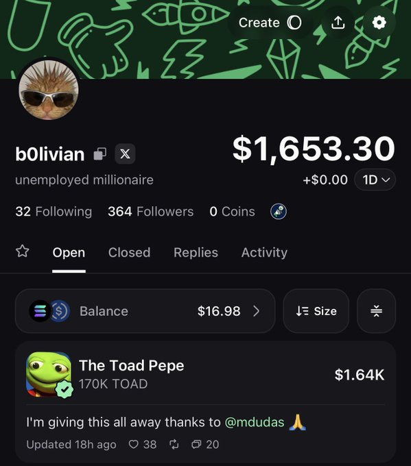 A Polymarket profile screenshot showing user "b0liviaп" (unemployed millionaire) with a $1,653.30 balance displaying their largest position as "The Toad Pepe" with 170K TOAD tokens worth $1.64K, accompanied by a note stating they're giving it all away thanks to @mdudas, which corresponds to the post about onboarding friends and strangers with the extra 140,000 TOAD.