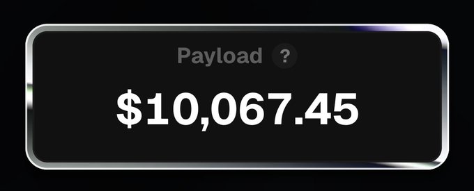 A sleek black display panel with a silver metallic border showing 'Payload' and a value of '$10,067.45' in large white text.