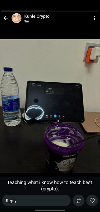 A user named "Kunle Crypto" posted a Snapchat story captioned "teaching what i know how to teach best (crypto)," showing a tablet displaying a trading chart alongside a water bottle and ice cream container—visually representing the crypto trading tutorial referenced in the appreciation post.