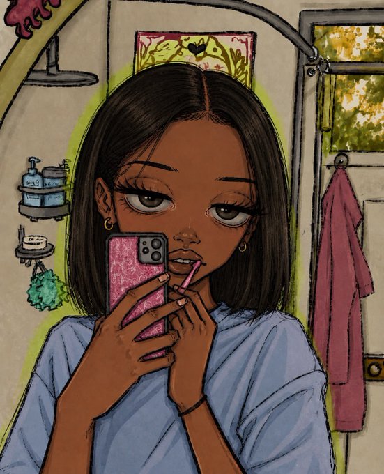 An illustrated portrait of a young woman with brown hair taking a selfie in a mirror while applying pink lipstick, with a bathroom setting featuring a shower and towels in the background.