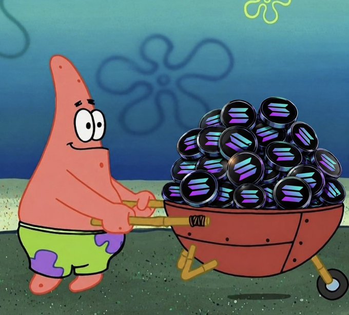 Cartoon image of Patrick Star from SpongeBob SquarePants pushing a wheelbarrow filled with Solana (SOL) cryptocurrency coins.