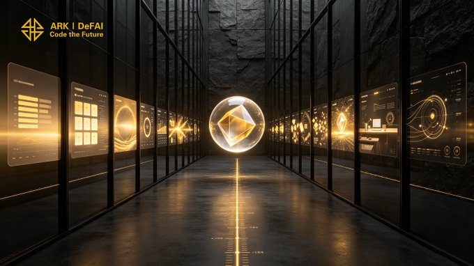 A futuristic corridor lined with glowing data panels leads to a luminous golden Ethereum symbol, with the "ARK | DeFAI – Code the Future" logo in the upper left, visually conveying the post's message that Arkie's AI Agents make advanced technology simple and accessible for every user in the community.