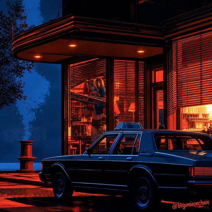 An atmospheric, neon-lit illustration depicting a vintage station wagon parked outside a diner at night, with a Harley Quinn figure visible through the window, signed '@begoniaonchain'.
