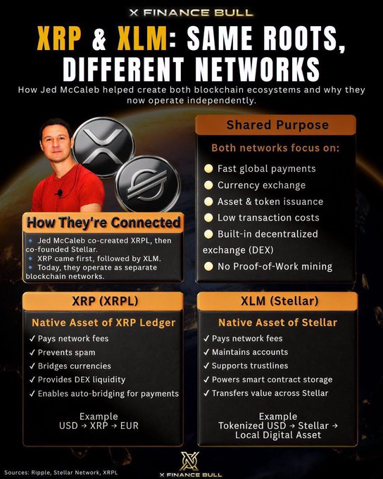 The image, titled "XRP & XLM: Same Roots, Different Networks," highlights how Jed McCaleb co-created both the XRP Ledger and Stellar networks, detailing their shared focus on fast global payments, currency exchange, and low transaction costs, while outlining the distinct functions of XRP and XLM. It aligns with the post by illustrating how one figure—Jed McCaleb—designed two major blockchain ecosystems that banks highly value, despite now operating independently.