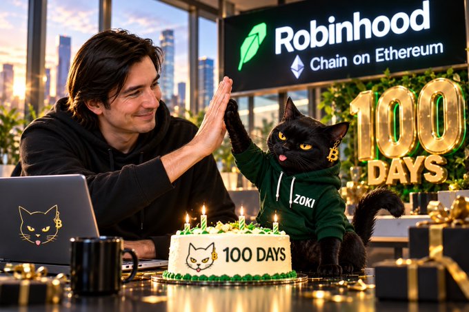 An AI-generated image of a man high-fiving a black cat wearing a green hoodie, celebrating '100 DAYS' with a cake and 'Robinhood Chain on Ethereum' signage in the background.
