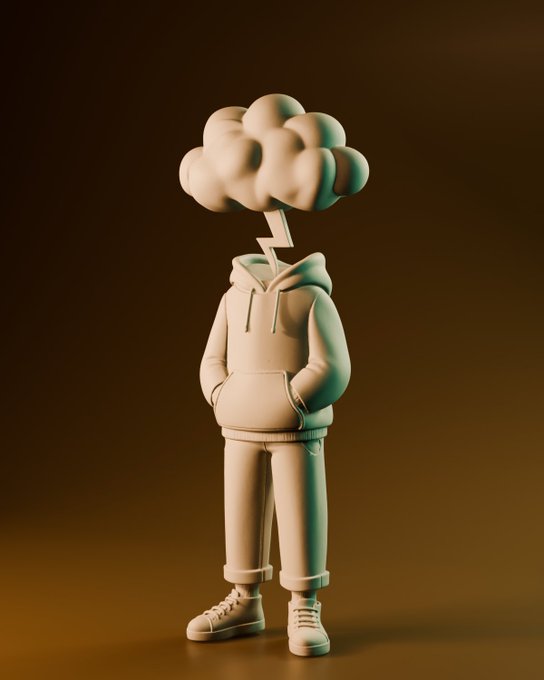 A 3D-rendered figurine of a person in a cream-colored hoodie and sweatpants, with a cartoon cloud and lightning bolt replacing the head, set against a brown gradient background.