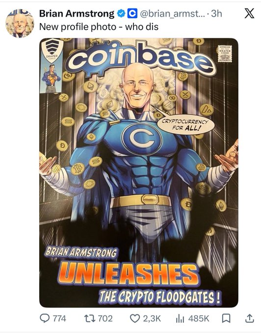 Brian Armstrong, CEO of Coinbase, updated his X profile picture to a comic-style superhero image of himself with the caption "New profile photo - who dis," and the meme coin $BRIAN quickly launched and pumped to a $25M market cap following the avatar change.