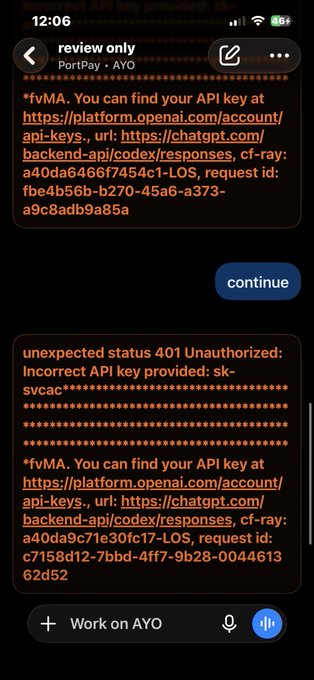 A mobile screenshot showing error messages about incorrect API keys for PortPay and AYO services, displaying status 401 Unauthorized errors with links to platform.openai.com for API keys.