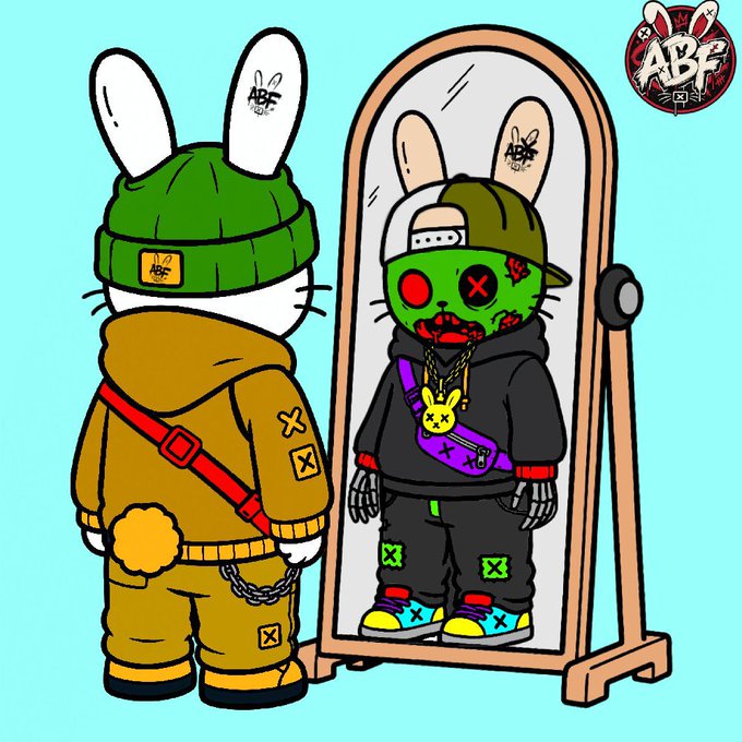 A cartoon illustration showing a white rabbit character in a yellow outfit and green beanie looking into a mirror, where its reflection appears as a green zombie-like version wearing chains and a cap, with an 'ABF' logo in the corner.