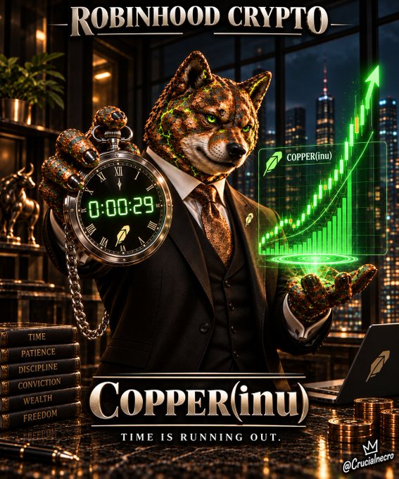 A promotional poster for 'ROBINHOOD CRYPTO' featuring a fox-headed figure in a suit holding a countdown pocket watch and a green upward-trending graph labeled 'COPPER(inu)' with the tagline 'TIME IS RUNNING OUT.'