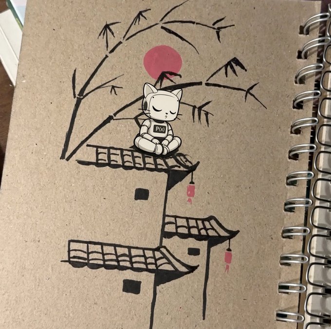 A pen and ink sketch in a spiral notebook depicting a cat-like character with 'P(x)' on its chest meditating on the tiled roof of a pagoda under a red sun and bare trees.