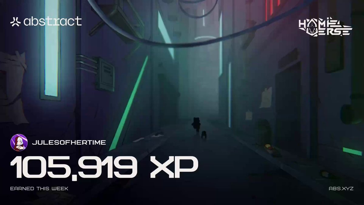 The image features a poster for a video game called "Abstract Chain", which appears to be a game about a chain reaction, with neon lights and a cityscape as its setting. The poster includes text that reads "happy @AbstractChain XP day, frens! glad to pull a 5-figure XP for the first time, all thanks to @tollanuniverse". This suggests that the image is promoting a game called "Abstract Chain" with a focus on XP points and player engagement.