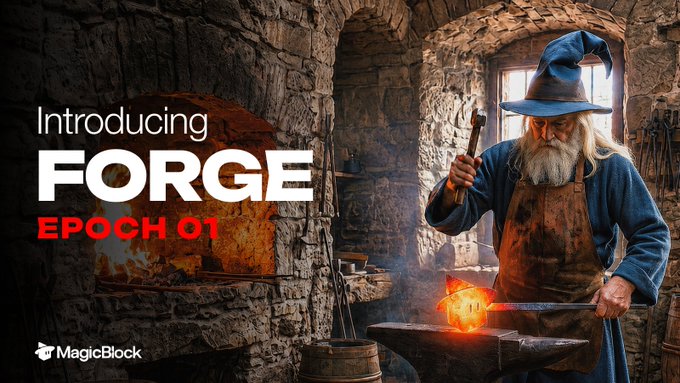 A promotional banner reads 'Introducing FORGE EPOCH 01' alongside a logo for 'MagicBlock', featuring an illustration of an old blacksmith with a white beard and wizard hat working at a glowing forge inside a stone workshop.