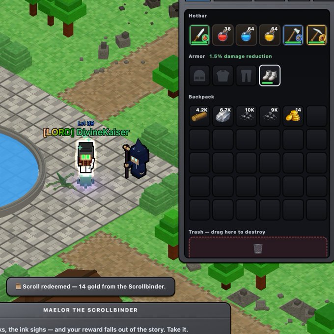 A pixel-art MMORPG game screenshot showing a level 30 character '[LORD] DivineKaiser' in a green landscape with an inventory hotbar and backpack open on the right; a notification reads 'Scroll redeemed — 14 gold from the Scrollbinder.'