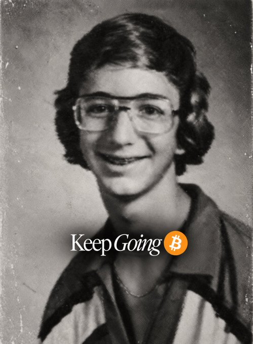 A vintage black-and-white yearbook photo of a smiling young woman with glasses is overlaid with the text 'Keep Going' and an orange Bitcoin logo.