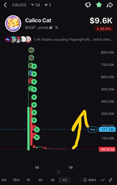 A mobile app screenshot showing a meme coin called 'Calico Cat' ($ADP) with a market cap of $9.6K and a chart with a hand-drawn yellow arrow pointing upward.