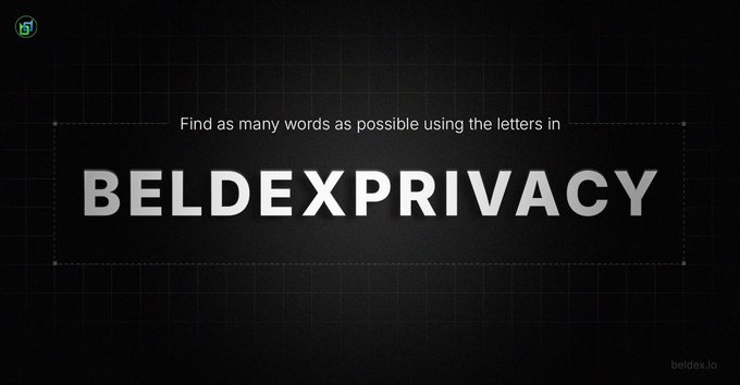 A dark promotional graphic displaying the challenge "Find as many words as possible using the letters in BELDEXPRIVACY" against a grid background, with the Beldex logo in the corner. This interactive word puzzle ties into the post's theme of privacy by cleverly embedding "PRIVACY" within "BELDEX," symbolizing how Beldex's products (BChat, BelNet, Beldex Browser, BNS) integrate privacy into their core identity.