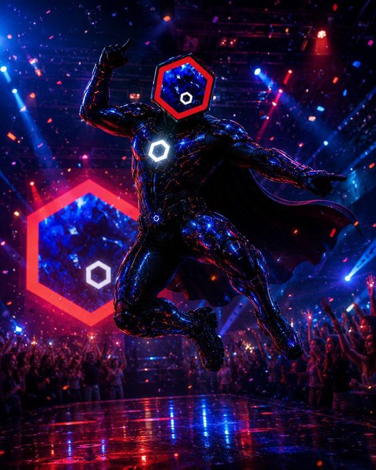 A muscular superhero with a glowing hexagonal face and chest emblem leaps dynamically on a concert-style stage lit by red and blue spotlights, evoking power and spectacle. The futuristic, high-energy visuals mirror the post's bullish tone, reinforcing the $CRYSTALSTONES token's rising momentum and strong community hype on BNB Chain.
