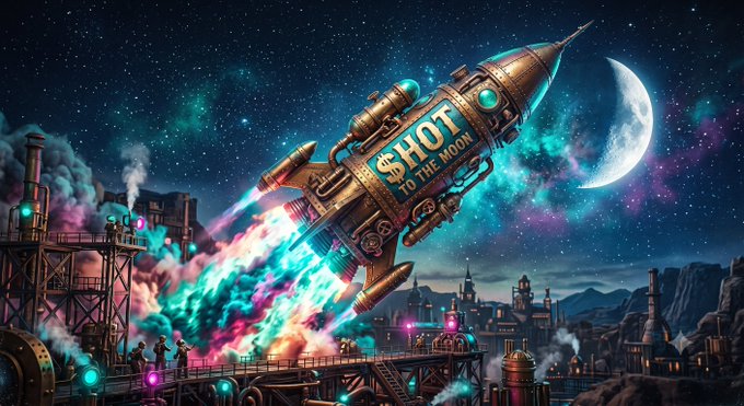 A whimsical steampunk rocket emblazoned with "SHOT TO THE MOON" blasts off from an industrial cityscape beneath a glowing crescent moon, visually embodying the bullish "$HOT→HoloFuel" migration narrative. The fiery, colorful exhaust trail reinforces the post's excitement about HoloFuel becoming the real currency for decentralized hosting payments.