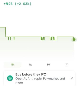 The image shows a financial chart displaying a positive return of "+₦28 (+2.03%)" with tabs labeled 1D, 1W, 1M, and 1Y, likely depicting naira-denominated investment performance for a Nigerian platform. 

The chart visually reinforces the post's message about enabling Nigerians to invest and earn returns in naira without currency conversion barriers, illustrating the kind of FX-transparent, locally-denominated investment growth the post advocates for.