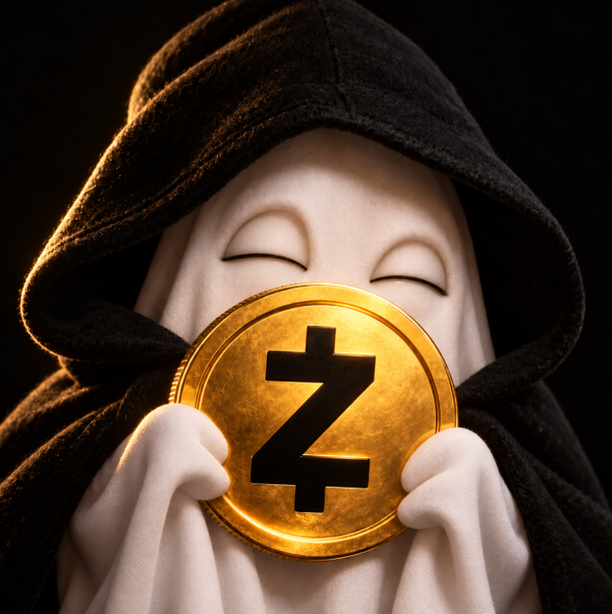 A 3D rendering of a small, pale, hooded figure (resembling a ghost) with its eyes closed, holding a large gold coin with a 'Z' symbol on it.