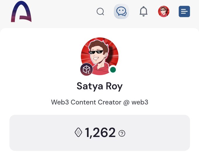 A profile page for 'Satya Roy', a Web3 Content Creator @ web3, displaying a cartoon avatar with pixelated sunglasses and a profile balance of 1,262.