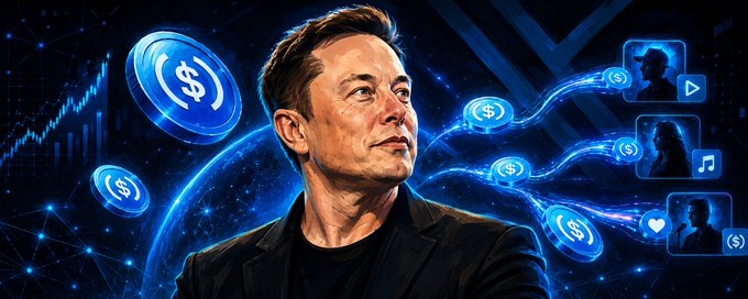 A digitally illustrated portrait of Elon Musk set against a futuristic blue background featuring floating coins with dollar signs, financial charts, and silhouettes of users receiving digital rewards, visually representing the report that X is exploring USDC stablecoins to pay creators on the platform.