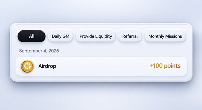 A rewards dashboard interface displays an activity log dated September 4, 2026, with filter tabs for "All," "Daily GM," "Provide Liquidity," "Referral," and "Monthly Missions," showing an "Airdrop" entry that awarded +100 points, visually confirming the Startale airdrop update mentioned in the post.
