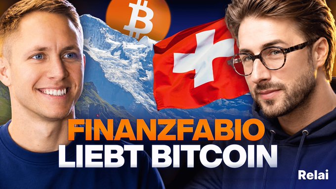A YouTube-style thumbnail for 'FINANZFABIO LIEBT BITCOIN' featuring two men smiling, with a Bitcoin logo, a Swiss flag, and mountains in the background, branded with the 'Relai' logo.