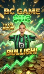 A man in a green and black striped shirt excitedly raises his hands amid falling gold coins, with bold gold and green text reading "BC GAME $BG TO THE MOON BULLISH!" and an upward chart arrow. The image visually celebrates the bullish sentiment and excitement about $BC Game in the accompanying "to the moon" post.