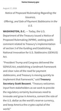 A screenshot from home.treasury.gov dated August 17, 2025, showing a Treasury press release titled "Notice of Proposed Rulemaking Regarding the Issuance, Offering, and Sale of Payment Stablecoins in the U.S.," which announces the department's implementation of section 3 of the GENIUS Act and features quotes from Treasury Secretary Scott Bessent welcoming stakeholder input. The image directly supports the post's claim that the U.S. Treasury is moving forward with stablecoin regulation under the GENIUS Act.