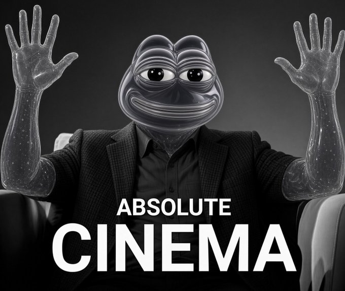 A Pepe frog character wearing a suit and raising both hands in excitement is shown with the text "ABSOLUTE CINEMA" displayed below. The image serves as a hype reaction meme accompanying a post promoting the $PEPONS token on Robinhood Crypto, celebrating the token's potential following a price dip.