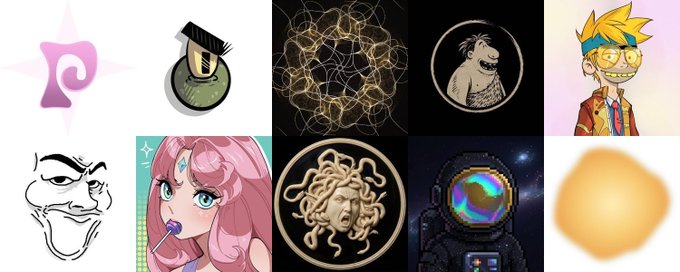 A collage of 10 diverse artistic images, likely representing early NFT finds or project artwork from the Twitter accounts mentioned. The collection features varied styles including abstract designs, character illustrations (like the pink-haired anime girl), meme art, Medusa iconography, and pixel art—showcasing the eclectic range of projects tagged in the post.