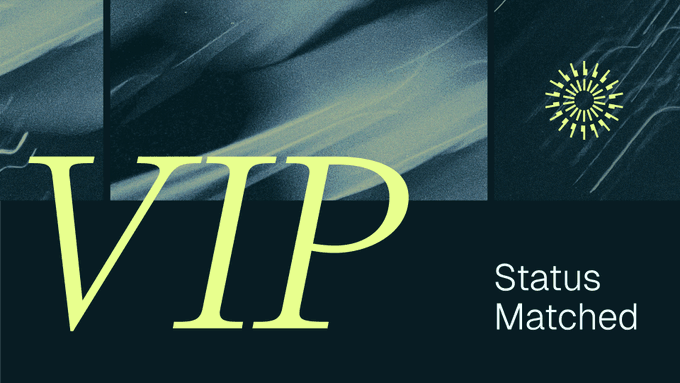 A stylized promotional graphic featuring the text "VIP Status Matched" in pale yellow against a dark background with draped fabric imagery and a small sunburst icon in the upper right corner. The design visually reinforces the post's message about matching VIP status for traders, presenting it as an exclusive offering with a sleek, premium aesthetic.