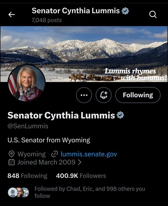 A screenshot of an X (Twitter) profile for Senator Cynthia Lummis (@SenLummis), U.S. Senator from Wyoming, showing a banner with elk in a snowy mountain landscape and the caption 'Lummis rhymes with hummus!'