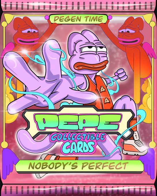 The image features a pink and purple card with an illustration of a frog character wearing a red shirt and orange pants. The card has text that reads "PEPE Collectible Cards Nobody's Perfect" and includes a link to the website "gmchat10june".