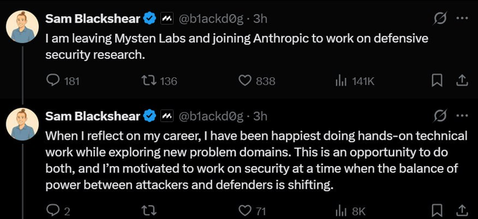 The image shows two tweets from Sam Blackshear (@blackd0g) announcing his departure from Mysten Labs to join Anthropic for defensive security research, with the second tweet explaining his excitement about working on security amid shifting attacker-defender dynamics. The tweets, which have garnered significant engagement (141K and 8K views respectively), directly support the accompanying post about Blackshear—creator of the Move programming language and CTO of Sui Network—resigning from Mysten Labs to join Anthropic.