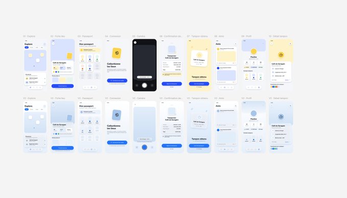 A grid of mobile app UI/UX design mockups showing various screen layouts including onboarding flows, currency exchange interfaces, and account pages in multiple language variations.