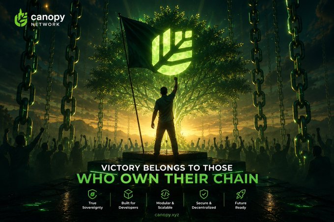 A triumphant figure waves a flag bearing the Canopy Network logo atop a glowing tree, surrounded by massive chains and an enthusiastic crowd, visually reinforcing the caption "VICTORY BELONGS TO THOSE WHO OWN THEIR CHAIN." The image aligns with the post by symbolizing liberation from blockchain constraints, highlighting Canopy's promise of "True Sovereignty," "Built for Developers," "Modular & Scalable," "Secure & Decentralized," and "Future Ready" features.