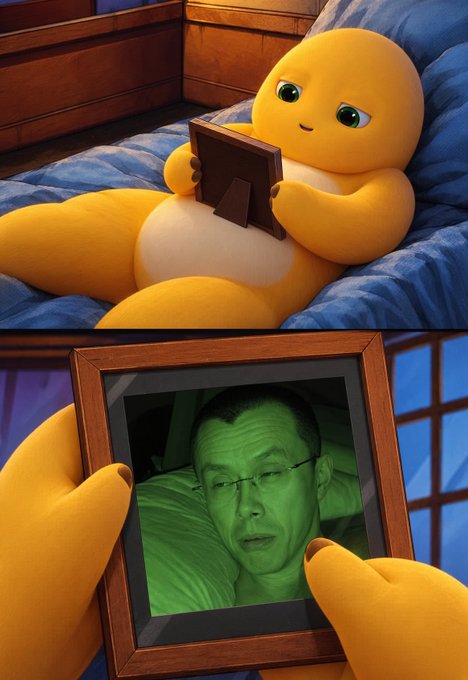 An illustrated image showing a yellow cartoon character lying in bed holding a framed photo of a sleeping person with a greenish tint to their face.