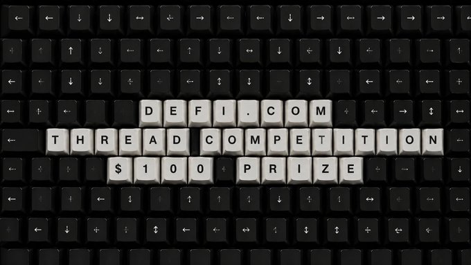 A keyboard with keys displaying arrow symbols and letter keys spelling out "DEFI.COM THREAD COMPETITION $100 PRIZE" in the center.
